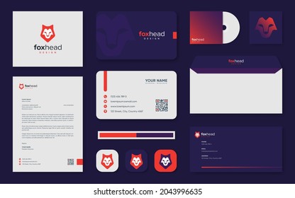 Modern geometric fox head logo design and stationery design template