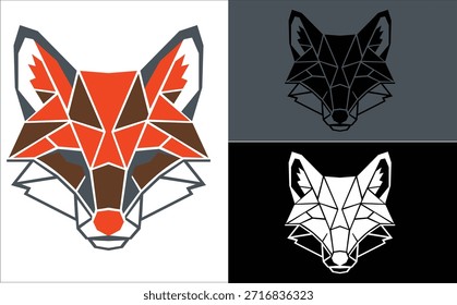 Ilustración geométrica moderna del logotipo de la cabeza del zorro. Una mascota animal creativa y minimalista diseñada en un estilo low-poly con líneas limpias. Adecuado para marcas de tecnología, Equipos deportivos y agencias de seguridad.