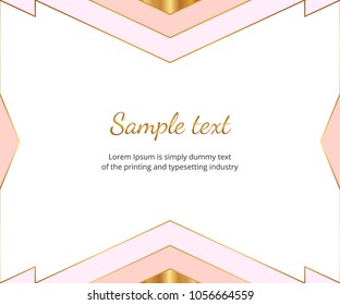 Modern geometric frame, gold lines with pink colors background. Trendy template for design banner, certificate,  card, flyer, invitation, party, birthday, wedding, baby shower, placard, brochure
