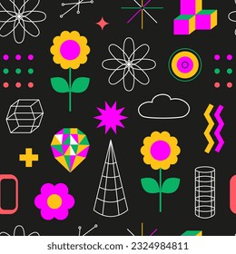 Modern geometric funky seamless pattern. Abstract trendy playful geometry. Kid core. Line art, frames, flowers, shapes, Y2k. Retro vintage concept. Background, banner, poster, advertising, web, cards.