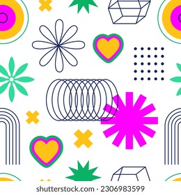 Modern geometric futuristic background. Abstract psychedelic brutalist pattern. Geometric shapes, figures, flowers, line art, rainbows. Contemporary primitive basic elements. Memphis design. Y2k.