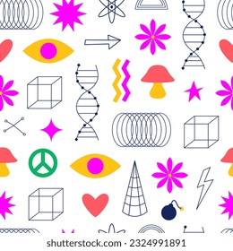 Modern geometric futuristic background. Abstract school brutalist pattern. Geometric shapes, figures, mystic eyes, line art. Brutal contemporary primitive basic elements. Memphis design. Y2k. 90s.