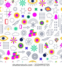 Modern geometric futuristic background. Abstract school brutalist pattern. Geometric shapes, doodles, figures, line art. Memphis design. Y2k. Kid core. Retro vintage. Great for banner, poster, ads