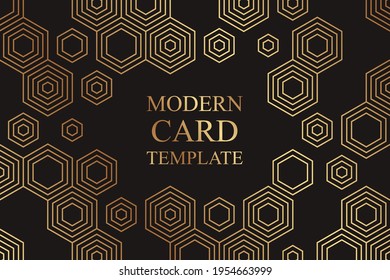 Modern geometric futuristic background for banner or presentation or greeting card with golden hexagons or honeycombs on a black.