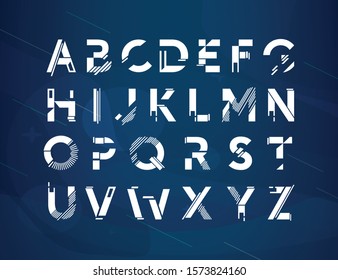 Modern Geometric Futuristic Vector Alphabets Font Design. Cool Letters For Title, Poster, Web And App. Techno Type Font Alphabet. Digital Hi-tech Abstract Style  Font. Isolated On Blue Background