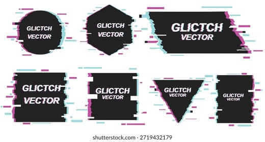 Modernas Formas de Vector geométricas con efectos de distorsión digital, con cambios de color cian y magenta para diseños tecnológicos futuristas, carteles cibernéticos y una marca vanguardista.