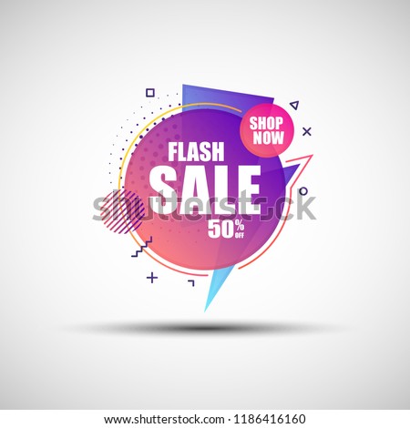 Modern geometric gradient sale banner. Vector illustration of abstract colorful flash sale banner made of different simple shapes with round dotted halftone pattern for your graphic and web design