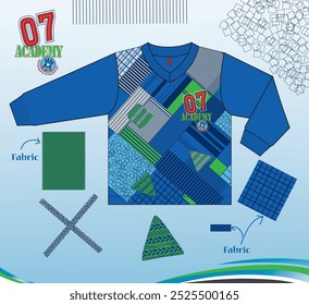 Modern Geometric Graphic Sweatshirt with Blue and Green Accents,07 Academy Themed Sweatshirt with Colorful Geometric Patterns