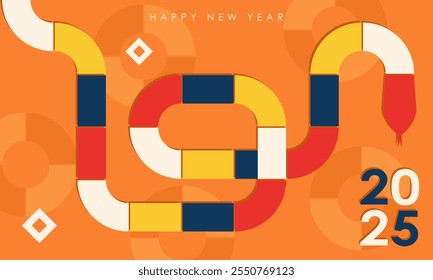 Modern geometric greeting card design for 2025 Year of the Snake. Trendy banner with bold yellow, red, blue and white segments forming a snake on orange background with abstract circles and stars