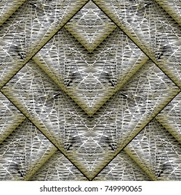 Modern geometric grunge seamless pattern. Vector abstract striped 3d background. Geometrical shapes, figures, rhombus, lines, stripes, trendy creative ornaments. Surface texture. Wallpaper design. 