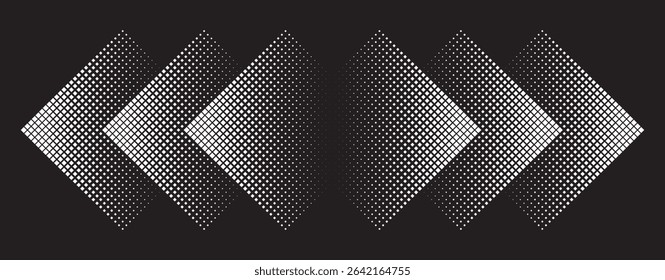 Modern geometric halftone diamond pattern – abstract black and white vector art with overlapping gradient shapes.