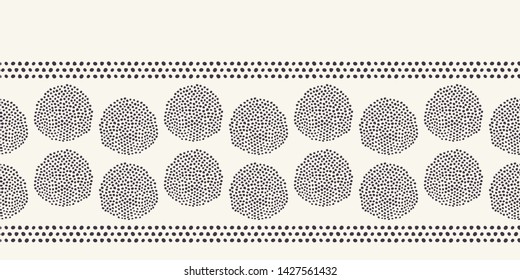 Modern geometric hand drawn seed circle border. Repeating abstract spotty polka dot background. Organic polka dot textured shape. Minimalist surface design textile trim. Seamless vector banner edging.