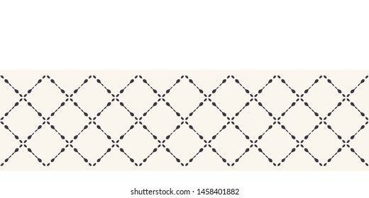 Modern geometric hand drawn trellis mosaic border. Repeating abstract ribbon trim. Ornamental monochrome geo. Trendy ethnic arabic surface design. Seamless decorative vector edging background.