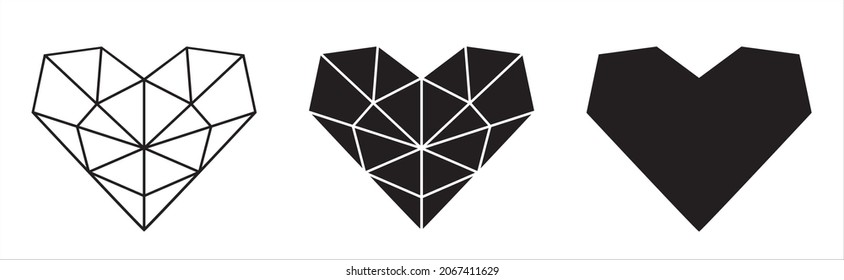 Modern geometric heart - set of three hearts. Heart divided into regular shapes. Heart in lines. Heart shape. Isolated on white background. Vector.