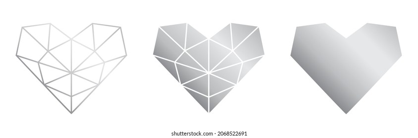 Modern geometric heart - set of three hearts. Heart divided into regular shapes. Heart in lines. Heart shape. Isolated on white background. Vector.