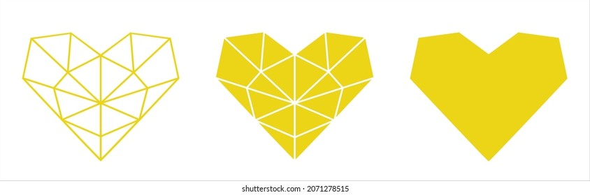 Modern geometric heart - set of three hearts. Heart divided into regular shapes. Heart in lines. Heart shape. Isolated on white background. Vector.