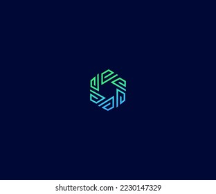 Modern geometric hexagon logo design. An abstract symbol made of interlocking lines with a blue and green gradient, ideal for technology, data, or security branding.