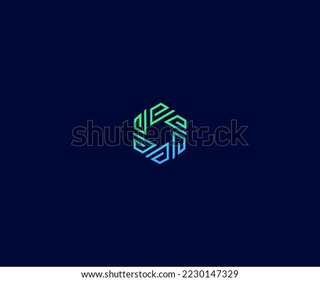 Modern geometric hexagon logo design. An abstract symbol made of interlocking lines with a blue and green gradient, ideal for technology, data, or security branding.
