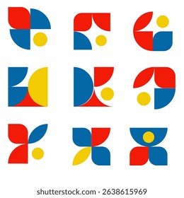 Modern geometric icon set featuring abstract shapes in red, blue, and yellow. Includes creative combinations of circles, curves, and squares—perfect for branding, logos, or decorative design elements.