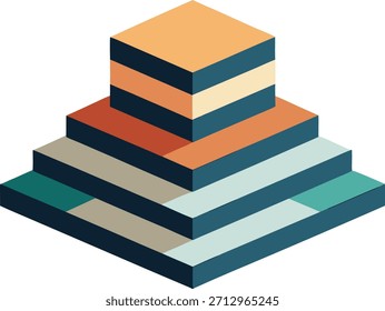Ilustração geométrica moderna com camadas coloridas empilhadas em uma perspectiva isométrica. Perfeito para diversas aplicações de design e projetos de marca que exigem um gráfico vetorial limpo e escalável.
