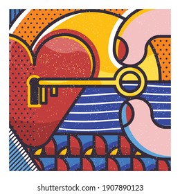 Modern geometric illustration of love and romance. The key to the heart.  Abstract illustration for posters, prints, products. 