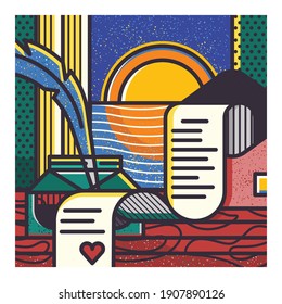 Modern geometric illustration of love and romance. A love letter at sunset. Abstract illustration for posters, prints, products. 