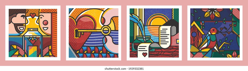 Modern geometric illustration of love and romance. A couple in love, a heart with a key, a romantic letter, a bird with a love song. Cards with a colourful composition for your projects. 