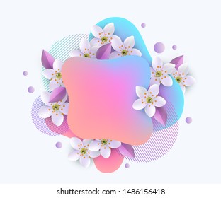 Modern geometric layered gradient banner with white sakura flowers, liquid blue and pink shapes intertwined with floral cherry blossom, spring sale poster card - isolated vector illustration