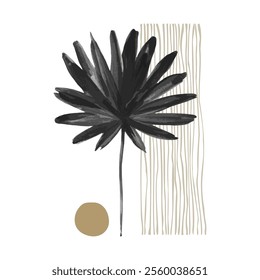 Modern geometric layout: abstract shapes, watercolor tropical leaf in 80s, 90s minimal flat style. Geometrical Scandinavian poster design. Vector illustration with palm leaf, striped textures, doodles