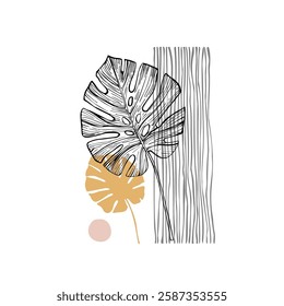 Modern geometric layout: abstract shapes, tropical leaves in minimal flat style. Geometrical Scandinavian poster design. Vector illustration with monstera leaf, striped textures, doodles