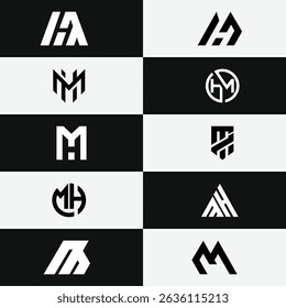 Modern geometric letter Hm and Mh initial logo set ideal for corporate branding and digital business projects. Clean minimal vector design with unique and professional style for versatile use.

