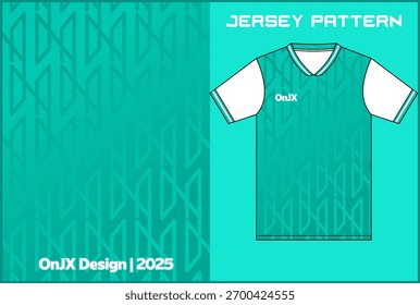 Modern geometric line jersey pattern by OnJX Design 2025. Futuristic teal vector template for football, futsal, and esport uniforms. Minimalist sportwear with clean tech-inspired design.