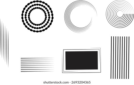 Modernes geometrisches Linienmuster auf weißem Hintergrund, minimale abstrakte Komposition mit kreisförmigen und rechteckigen optischen Formen, sauberes kreatives Design, ideal für zeitgenössisches Layout