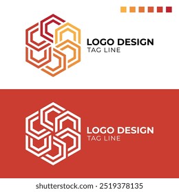 Um design de logotipo geométrico moderno com uma forma hexagonal composta de linhas entrelaçadas em gradientes vermelhos, laranja e amarelos.