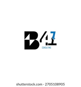 Diseño de logotipo geométrico moderno con el texto “B41 Consulting”. Las Formas negras audaces forman la B estilizada, mientras que la 4 y la 1 usan cortes lineales afilados. Un apretón de manos azul integrado en el 1 simboliza trus