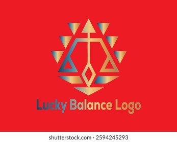 Modern geometric logo design symbolizing balance and luck. Gold and blue on red background.