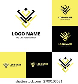 Una Plantilla de diseño de logotipo geométrico moderno presentado en una colección. El símbolo abstracto, hecho de líneas amarillas y negras, se muestra en varios fondos para marcar la identidad.