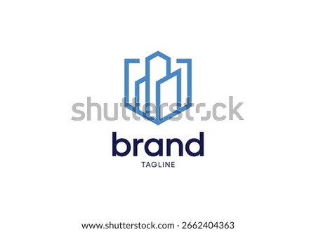 A modern and geometric logo featuring abstract city buildings or skyscrapers inside a shield shape. Ideal for real estate, construction, or urban development.