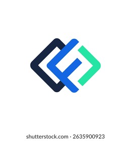 A modern and geometric logo featuring three overlapping and interconnected rounded square shapes in dark blue, bright blue, and teal, forming a stylized letter "F" or an abstract, layered design