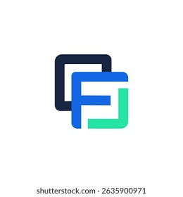 A modern and geometric logo featuring three overlapping and interconnected rounded square shapes in dark blue, bright blue, and teal, forming a stylized letter "F" or an abstract, layered design.
