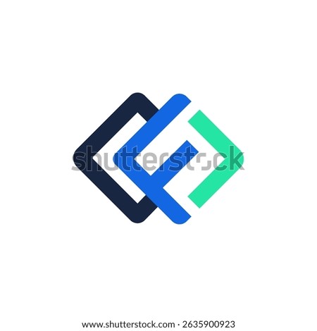 A modern and geometric logo featuring three overlapping and interconnected rounded square shapes in dark blue, bright blue, and teal, forming a stylized letter 