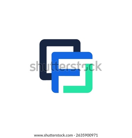 A modern and geometric logo featuring three overlapping and interconnected rounded square shapes in dark blue, bright blue, and teal, forming a stylized letter 