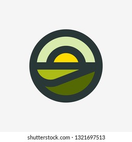 Modelo de marca de logotipo geométrico moderno ou ícone da paisagem rural com campo agrícola e sol nascente