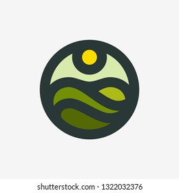 Modern geometric logo mark template or icon of rural landscape with agricultural field and mountain