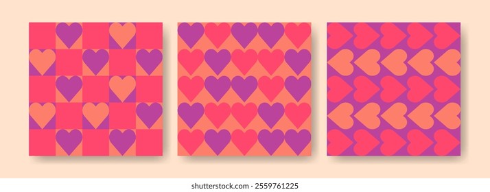 Modern Geometric Love Backgrounds set. Abstract Hearts Tile Texture. Valentines Day cards. Templates for card, banner, cover, flyer, label, sale poster. Art Design illustration