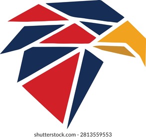 Modern geometric low poly eagle head logo in navy blue, red and gold yellow, sharp angular polygon shards forming fierce eagle face side view, minimalist abstract style perfect for sports team, security, America, tech startup and corporate emblem