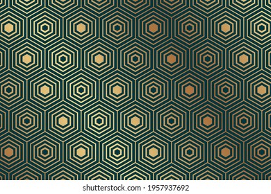 Modern geometric luxury background for banner or presentation or greeting card with golden hexagons or honeycomb on a green.