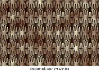 Modern geometric luxury background for banner or presentation or greeting card with golden hexagons or honeycomb on a black.