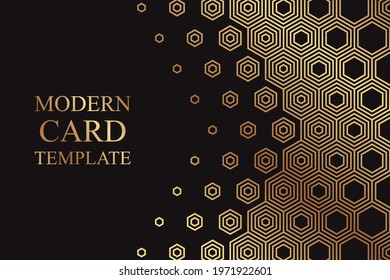 Modern geometric luxury background for banner or presentation or greeting card with golden hexagons or honeycomb on a black.