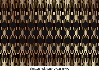 Modern geometric luxury background for banner or presentation or greeting card with golden hexagons or honeycomb on a black.